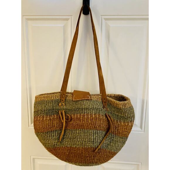 Vtg Woven Jute Leather Strap Straw Sisal Market Round Tote Shoulder Bag Purse - Picture 7 of 12